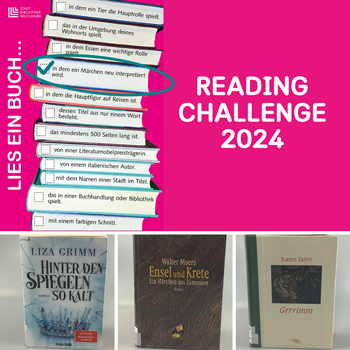 Reutlinger Reading Challenge 2024 - Bücherstapel mit den 12 Kategorien beschriftet