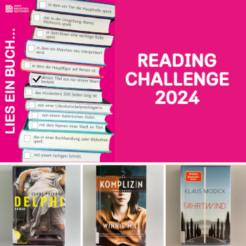 Reutlinger Reading Challenge 2024 - Bücherstapel mit den 12 Kategorien beschriftet